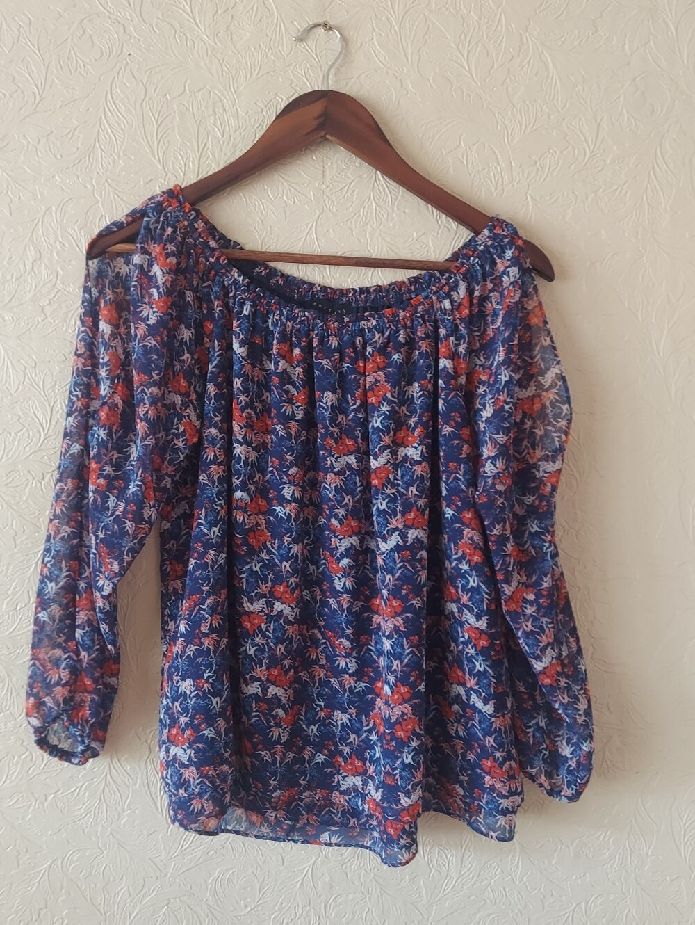 Blue Floral Off-Shoulder Women's Blouse - Small